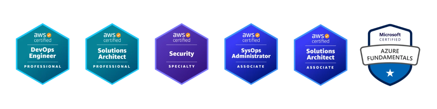 Certification badges: AWS DevOps Engineer Professional, AWS Solutions Architect Professional, AWS Security Specialty, AWS SysOps Administrator Associate, AWS Solutions Architect Associate and Microsoft Azure Fundamentals